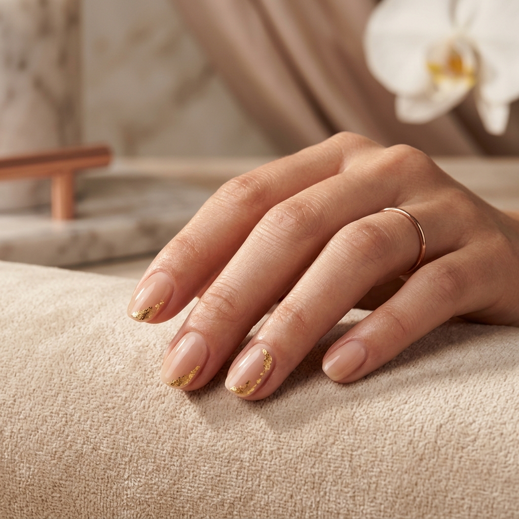 Uñas minimalistas con arte de oro
